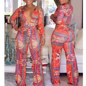 Deep V plunge V belted jumpsuit wide leg sz M